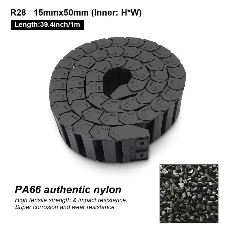 LMioEtool Pack of 2, R28 15mm x 50mm(Inner H x Inner W) Black Plastic Cable Wire Carrier Drag Chain 1M Length for CNC, with End Connectors - Bridge Type (Non-openable) - Image 2